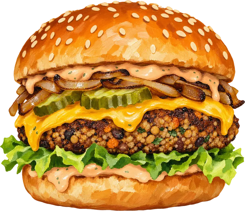 Illustrative plant based burger with melted cheese, pickles and lettuce, not a photo of the restaurant's food