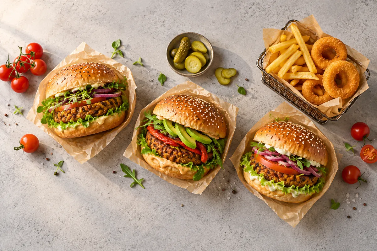 Illustrative overhead view of plant based burgers, fries and onion rings on a light grey table, not a photo of the restaurant's food